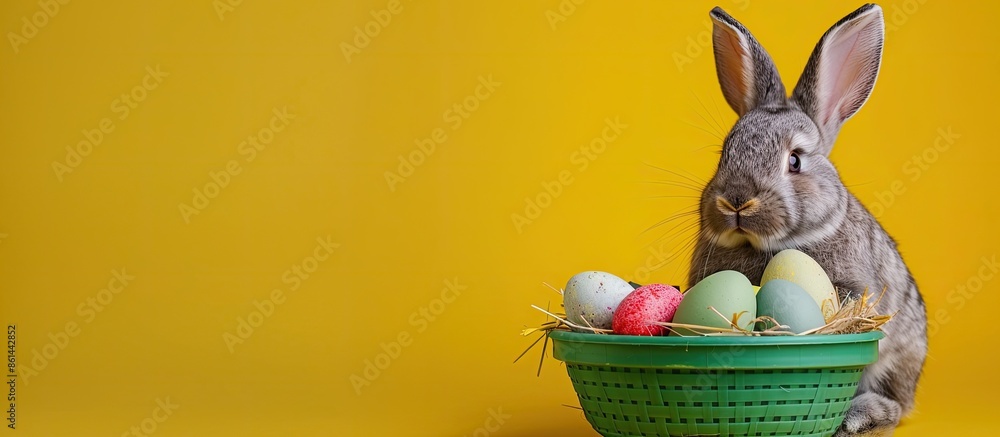 Poster easter-themed scene with a lilac rabbit, colorful easter eggs in a green basket set against a yellow