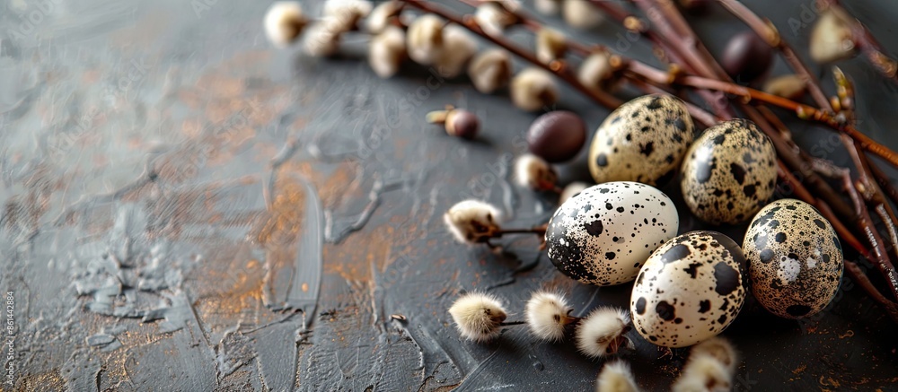 Aufkleber Close-up Easter background featuring quail eggs and willow branches in a composition with copy space image.