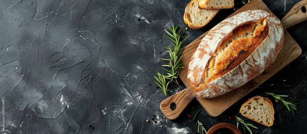 Poster Flat lay arrangement of rustic bread on a dark background with a handmade cutting board, featuring copy space image.