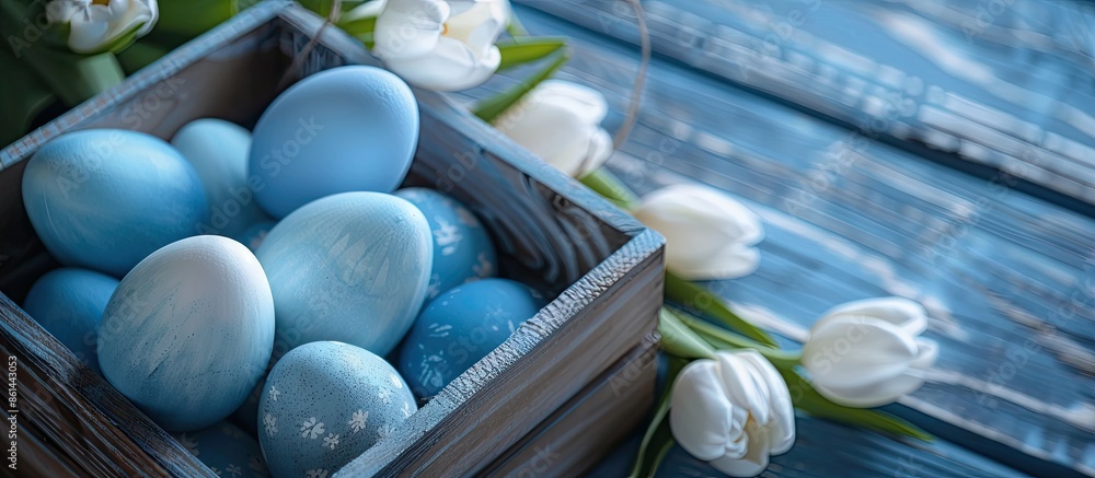 Poster colorful easter eggs in blue and white hues alongside white tulips placed in a wooden box, creating 