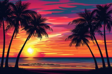 A serene tropical beach scene at sunset. Silhouettes of palm trees stand against a vibrant orange, pink, and purple sky. Generative AI