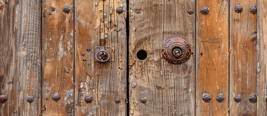 Closeup front view of an antique wooden door with a rusty handle and keyhole, set in a rustic Spanish town, ideal for a background with copy space image.