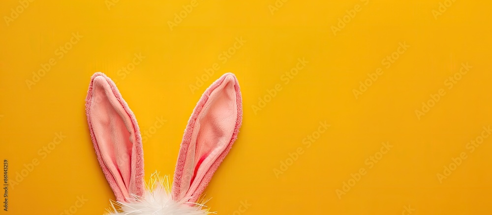 Poster Easter theme with a bunny ears costume on a yellow background, featuring a simple flat lay design with space for text or images. image with copy space