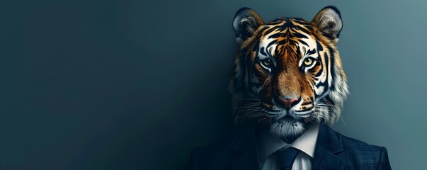 Powerful Tiger Head in Business Suit Fierce Gaze on Minimalist Background