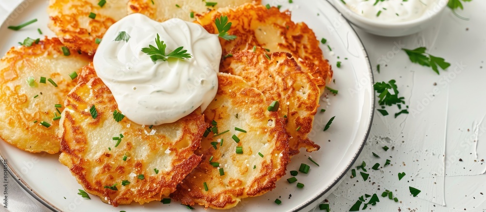 Poster close-up image of belarusian potato pancakes on a white plate with white sour cream and green herbs,