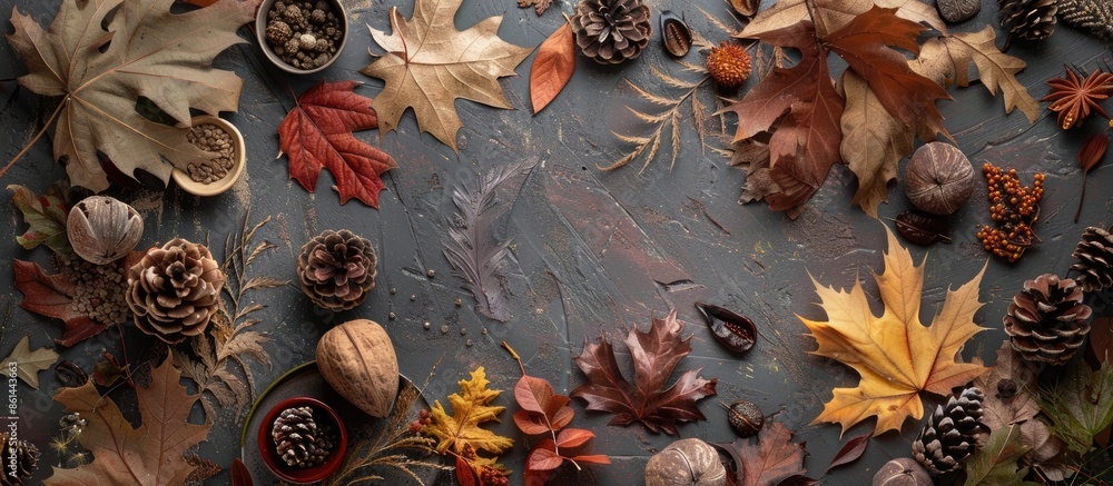 Poster autumn-themed arrangement with dried leaves and various decorative elements on a tabletop for a flat