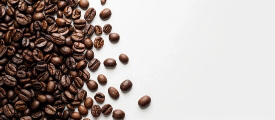 Naklejka premium Coffee beans with copy space image on a white background, ideal for coffee-related concepts, like backgrounds or textures.