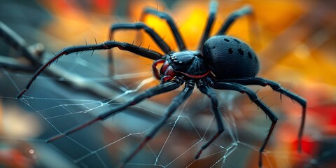 Closeup of black widow spider with red hourglass marking on web. Concept Closeup, Black Widow Spider, Red Hourglass Marking, Web, Nature Wildlife