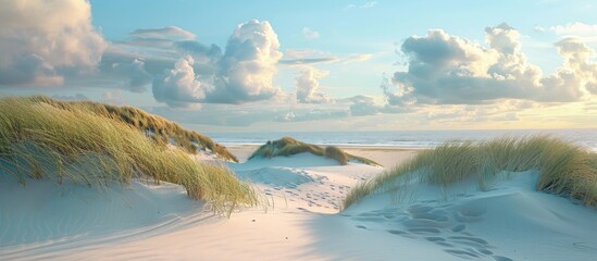 Obraz premium Amrum showcases a picturesque dune landscape in a captivating scene with a vast expanse of sandy dunes meeting the horizon, ideal for a copy space image.