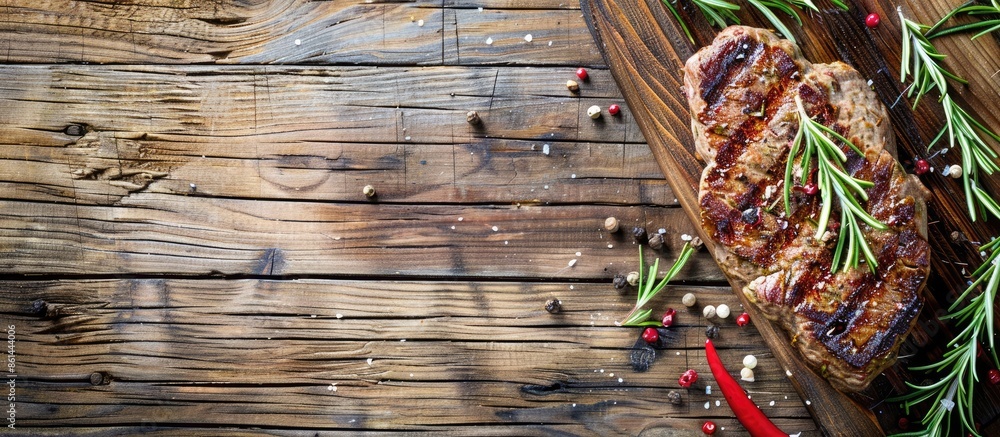 Poster Cheese steak displayed with rosemary and spices on a wooden background, featuring empty space for text or copy space image.