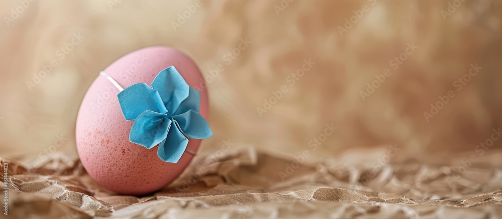 Poster easter concept background showing a pink egg adorned with a blue paper flower against a brown paper 