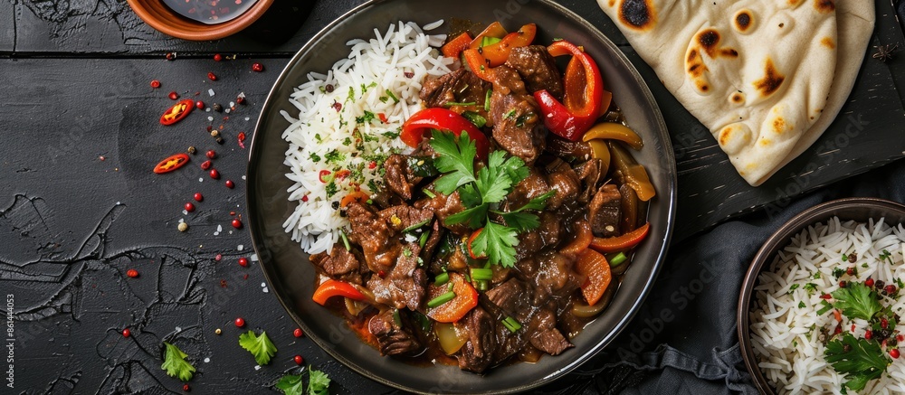 Poster asian beef stir-fry with sweet peppers, rice, and naan bread showcased in a top-view setting on a da