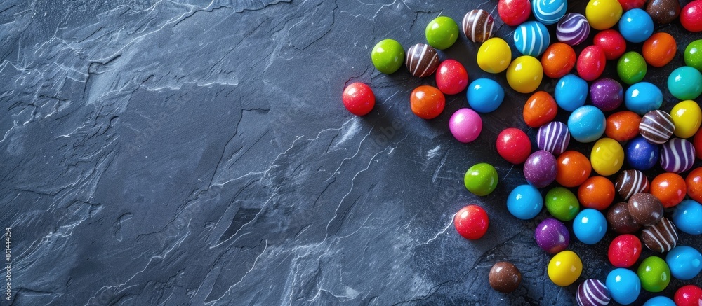 Poster Colorful candy balls displayed on a gray and black paper background, set in a horizontal banner style with ample copy space image.