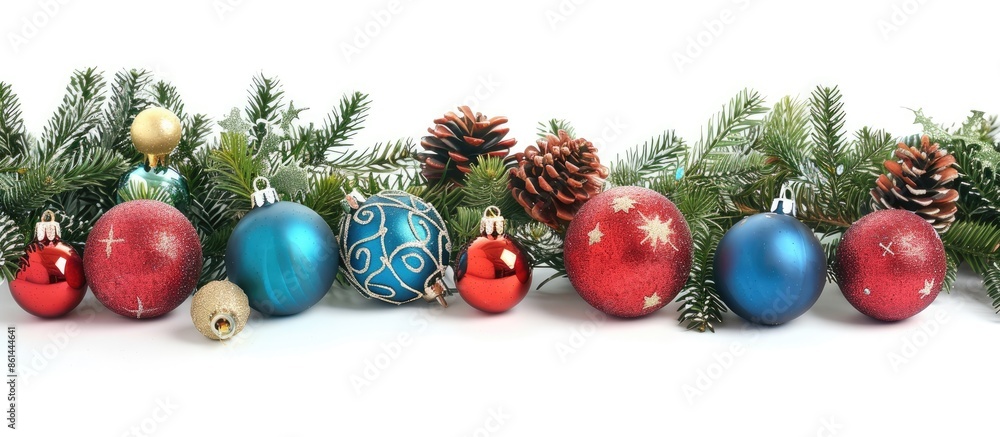 Poster festive christmas ornaments and fir branches with decorations arranged against a white background, s