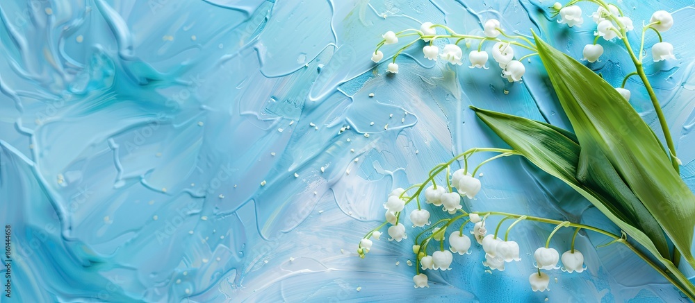 Poster close-up of lily of the valley flowers on a blue background with copy space image.
