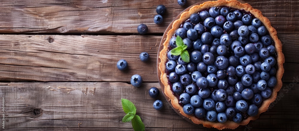 Aufkleber Blueberry cake on a wooden table with room for text in a flat lay composition. image with copy space