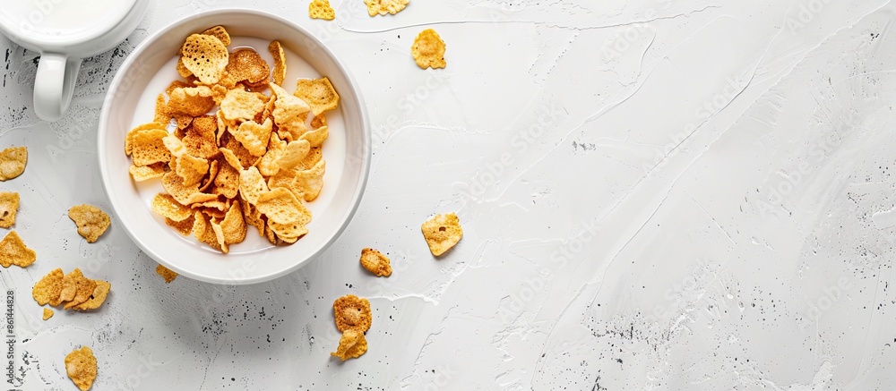 Poster Cornflakes and milk for a nutritious breakfast on a white backdrop with ample copy space image.