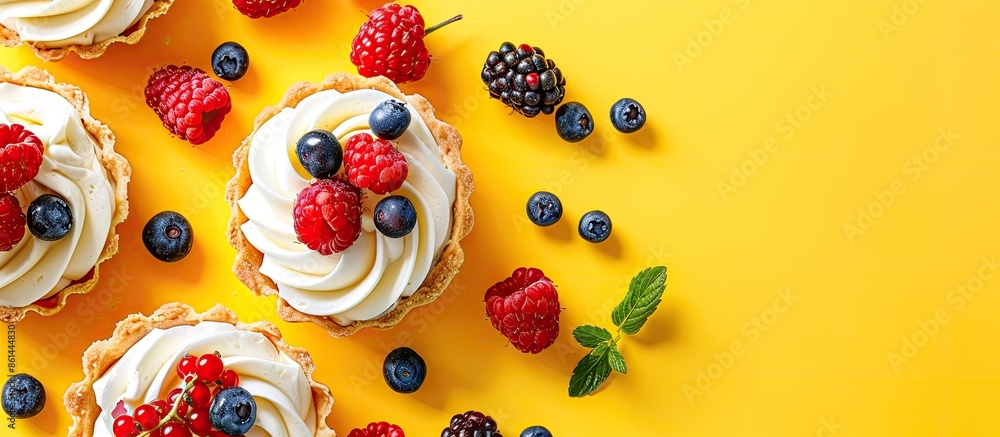 Poster delicious tartlets topped with whipped cream and berries on a bright yellow backdrop with copy space