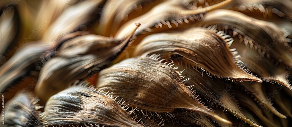 Poster Close-up macro background texture image of freshly harvested and dried sunflower head and raw seeds with copy space image.