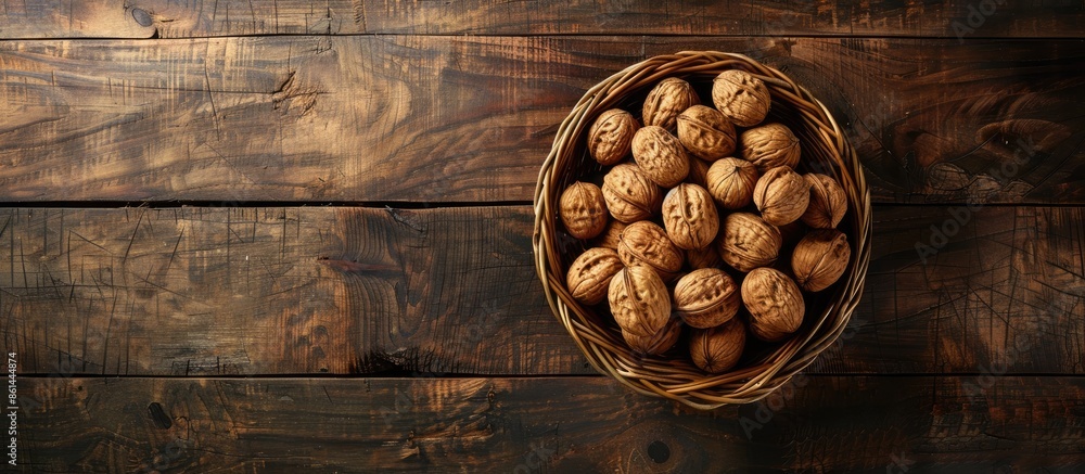 Poster dark wooden background with an oval wicker basket filled with walnuts. copy space image included.