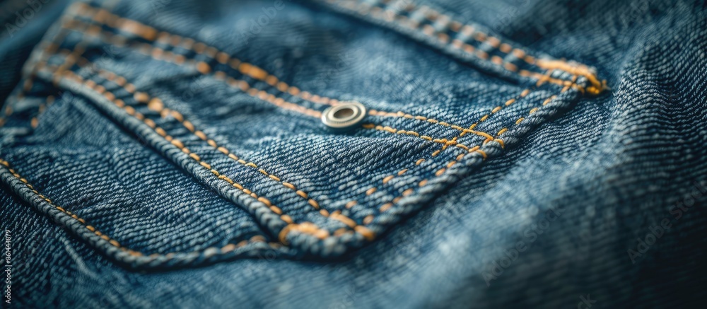 Poster close-up image of blue jeans background with a focus on the pocket and label, creating a fashion-the