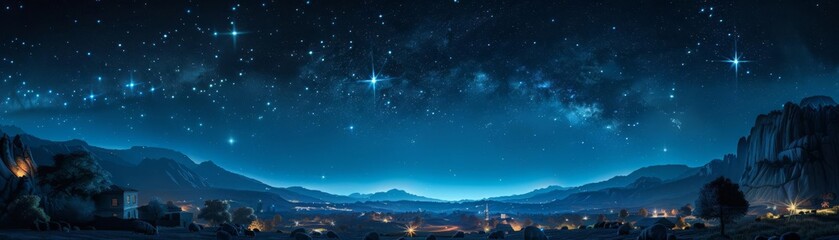 A calm, starlit night over Bethlehem, imagining the historic night of Jesus birth, with shepherds fields in the foreground