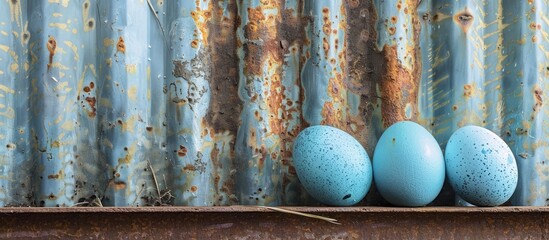 Easter-themed rustic setting with dyed blue eggs on vintage metal backdrop ideal for copy space image.