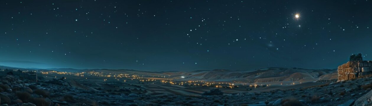 A calm, starlit night over Bethlehem, imagining the historic night of Jesus birth, with shepherds fields in the foreground