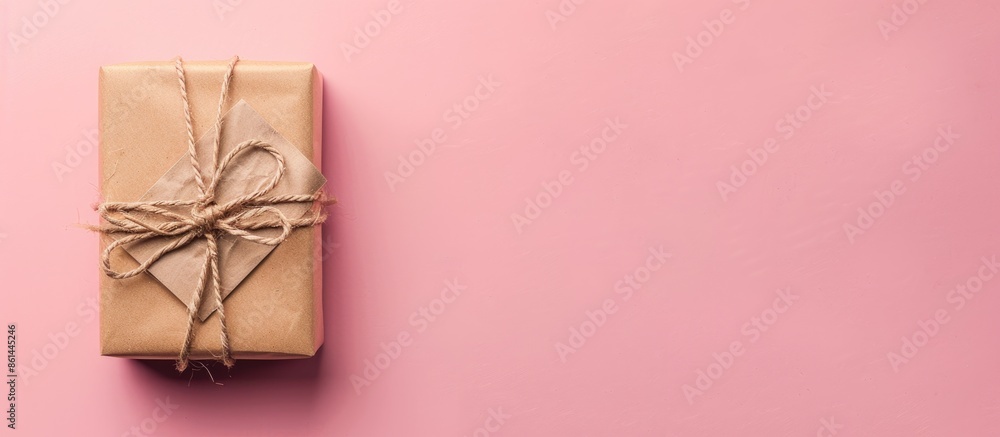 Poster Celebrate with a warm and inviting background containing a gift wrapped in brown paper on a soft pink surface in a top view copy space image.