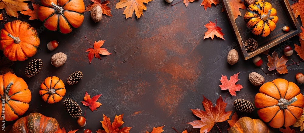 Poster autumn-themed setup with pumpkins, leaves, chestnuts, and acorns in a wooden frame on a brown backgr