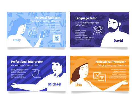 Language tutor translator interpreter assistant business card design template set vector flat