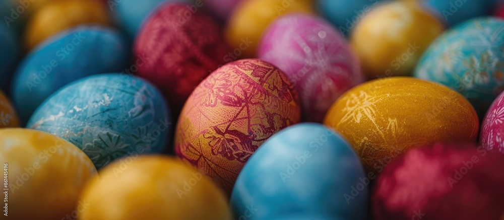 Poster close-up of vibrant easter eggs with copy space image.