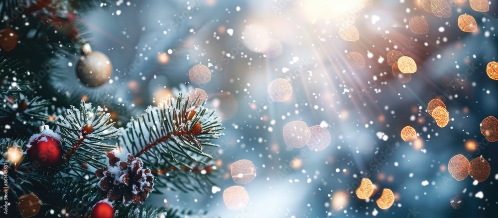 Poster festive holidays backdrop featuring snowfall, a fir-tree, and a christmas card with selective focus,
