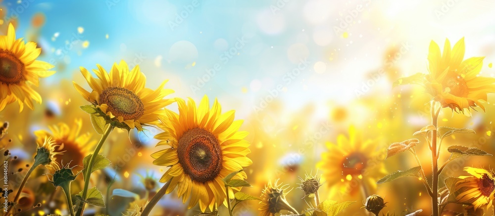 Poster blooming sunflowers in a field with copy space image.