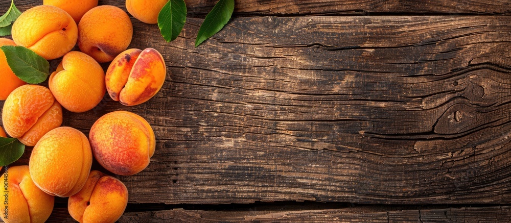 Poster Close-up shot of ripe apricots displayed on a wooden table with copy space image.
