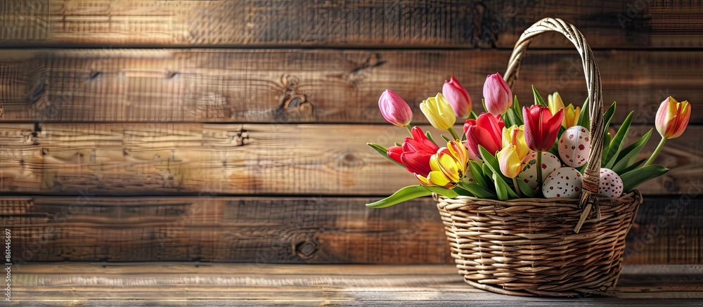 Aufkleber An Easter-themed setup with tulips and eggs in a basket displayed against a wooden backdrop, ideal for adding your message, with copy space image.