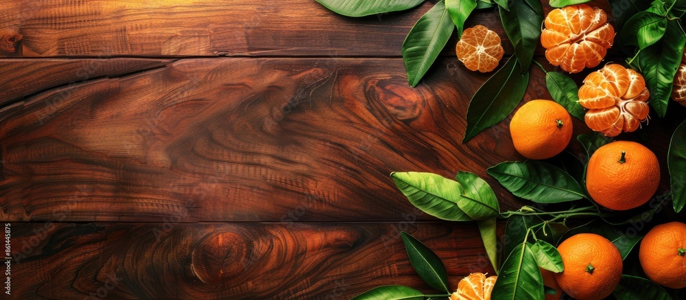 Poster citrus fruits like tangerines, mandarins, and clementines displayed on a wooden background alongside