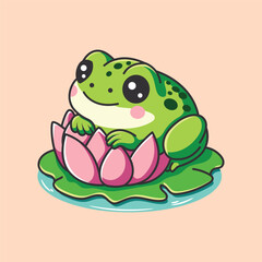 Cute cartoon frog sitting on lotus flower. Vector illustration.