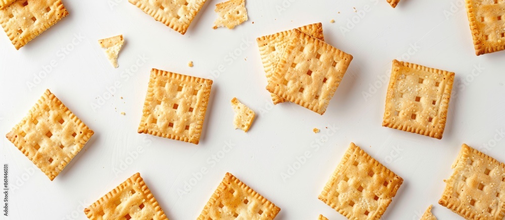 Poster Crispy wafers arranged on a white surface with space for text or images, seen from above. image with copy space