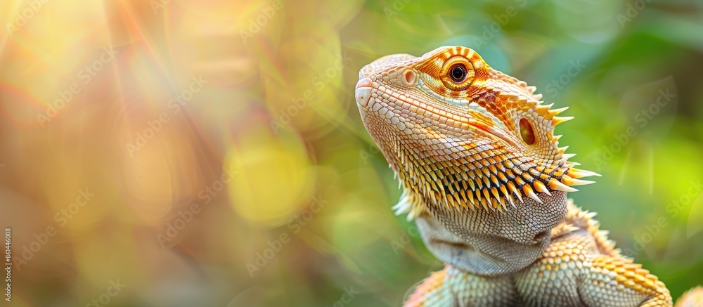 Poster Close-up image of a bearded dragon in Brisbane Botanic Gardens with a blank background for text or design additions. image with copy space