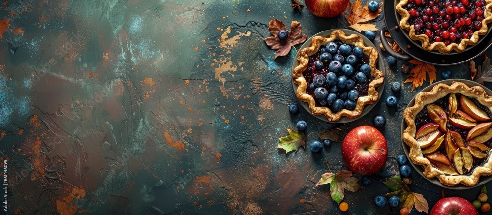 Poster autumn pies like blueberry tart, chantarelle galette, and classic apple pie with sweet crust on a ru