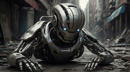 Futuristic Robot in Urban Ruins