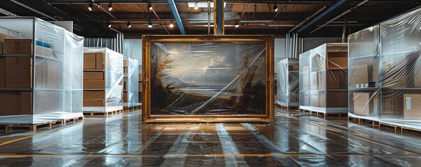 An art gallery packaging valuable paintings with stretch film, providing a moistureresistant shield while in storage