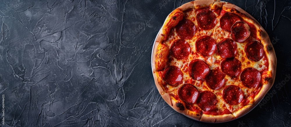 Poster delicious pepperoni pizza displayed from above on a dark concrete backdrop with space for additional
