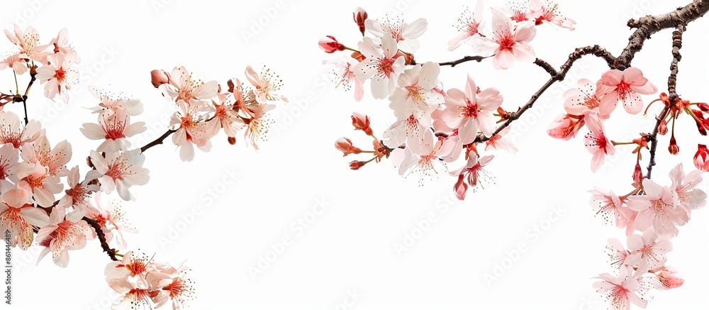 Aufkleber Cherry tree branches in bloom against a white backdrop with copy space image available.