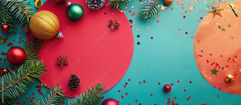 Poster christmas-themed flat lay with circular paper, pine branches, and festive ornaments on a vibrant bac