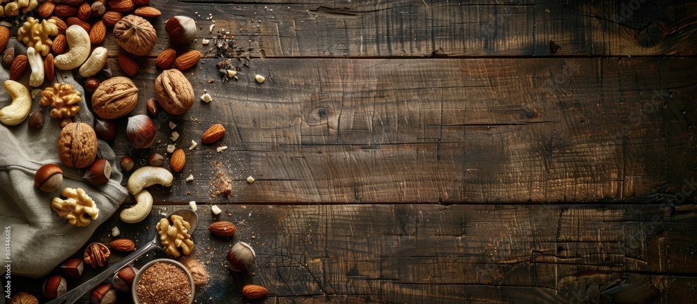 Poster Assorted nuts like cedar, cashew, hazelnut, and walnuts, along with a spoon, are displayed on a wooden table with a rustic aesthetic, creating a visually appealing copy space image.