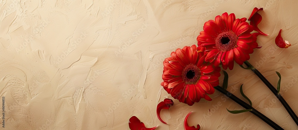 Poster Beautiful red gerbera flowers on a beige backdrop with room for text in the image. image with copy space