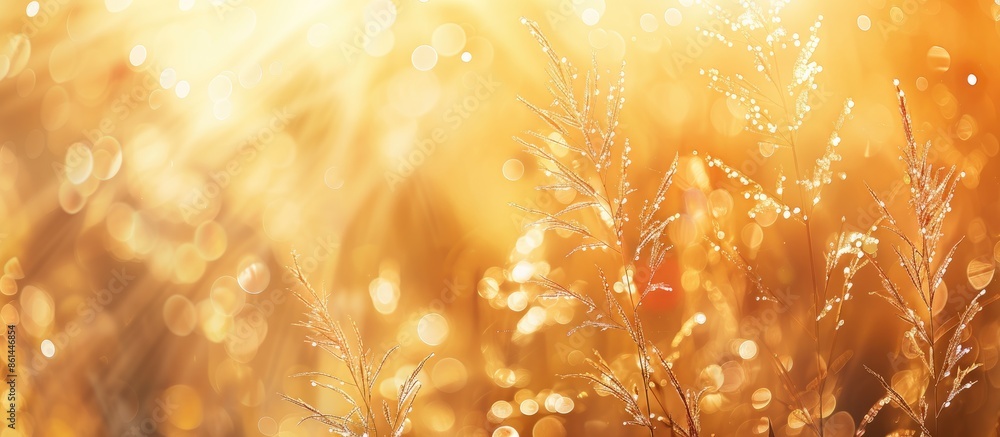 Aufkleber Capture the essence of fall with an abstract background featuring dry autumn grass bathed in the warm light of sunrise or sunset, complete with bokeh effects, creating a blurred and inviting scene