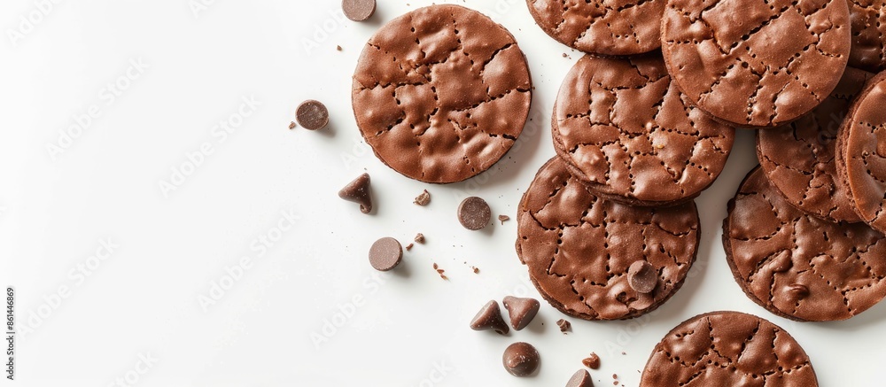 Poster chocolate biscuits displayed on a white background, perfect for food and bakery themes, with room fo